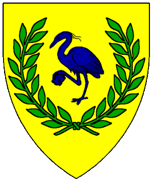 A heraldic shield bearing a blue heron surrounded by a green laurel wreath all on a yellow background.