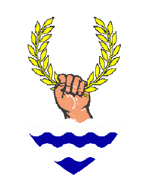 Sable, a sinister hand proper sustaining a laurel wreath Or and emerging from a ford proper.