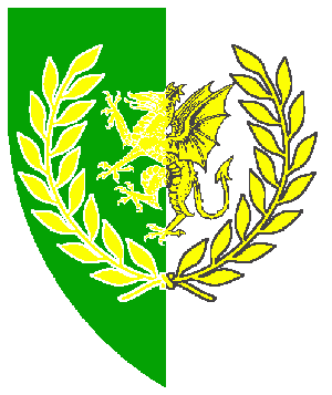 Per pale vert and sable, a dragon rampant within a laurel wreath Or.