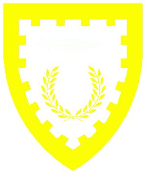 Sable, a comet argent and in base a laurel wreath Or, a bordure embattled Or.