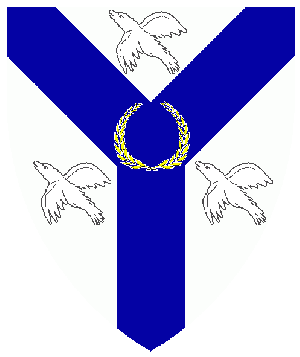 Argent, on a pall azure between three ravens volant sable a laurel wreath Or.