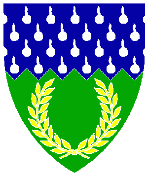 Per fess indented azure, goutté deau, and vert, in base a laurel wreath Or.